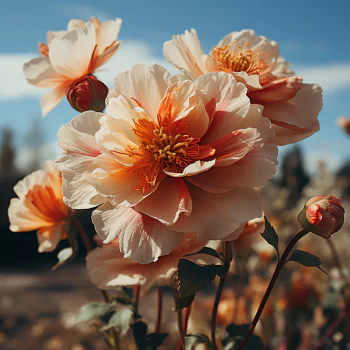 A vibrant display of peach-colored flowers under a clear blue sky, showcasing the beauty of nature in a profile photo.