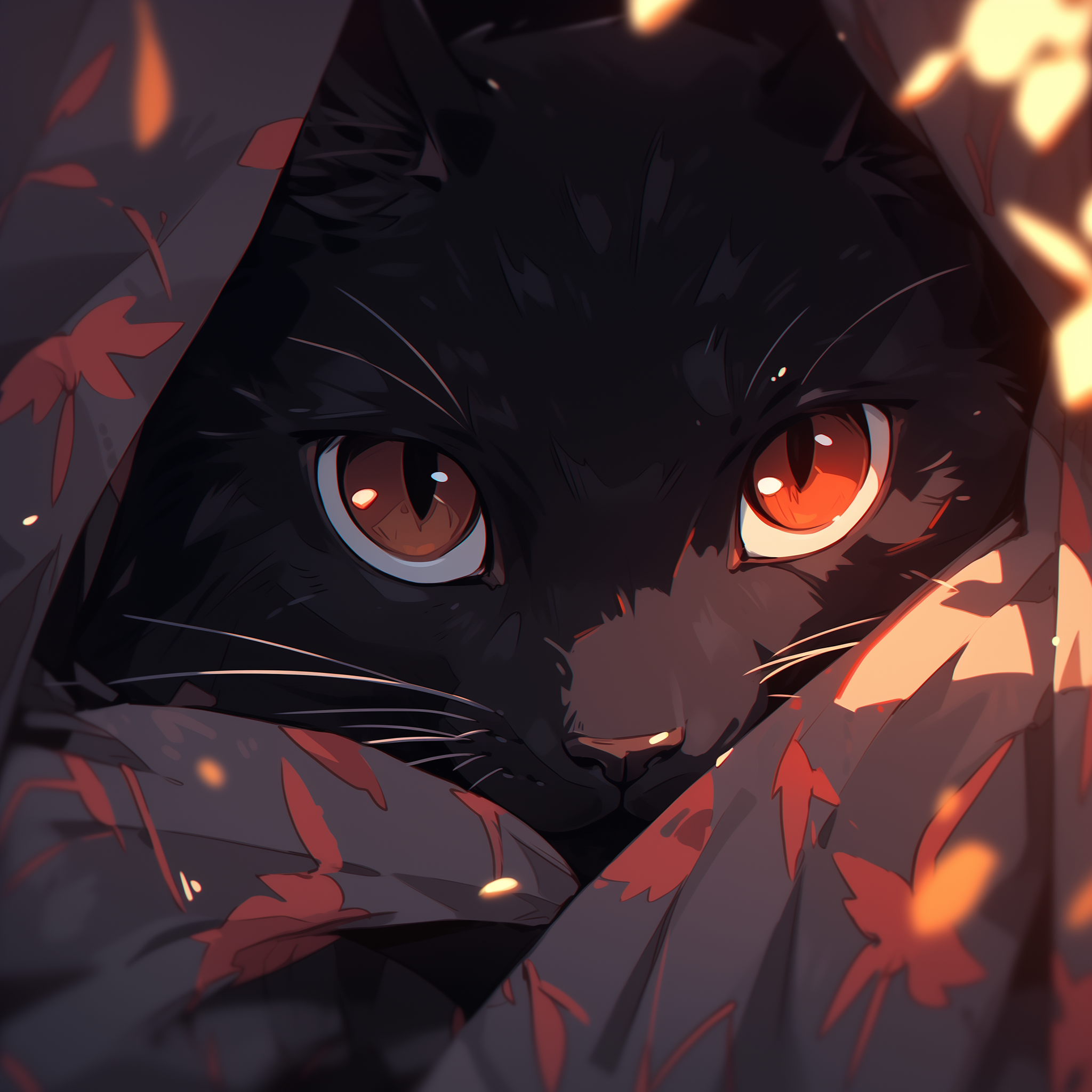 Avatar of an intense black cat with glowing eyes peeking through autumn leaves.