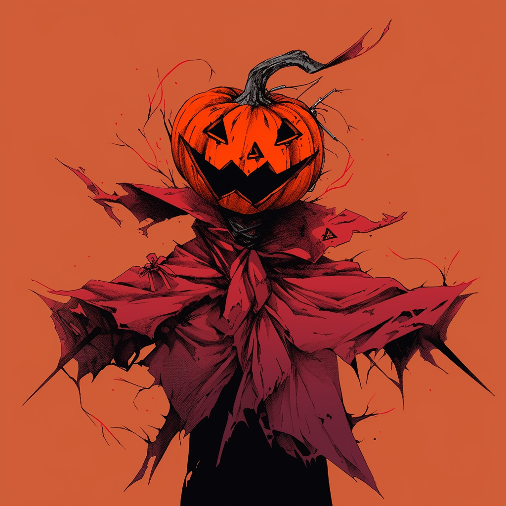 Halloween-themed avatar featuring a scarecrow with a jack-o'-lantern head against an orange background.