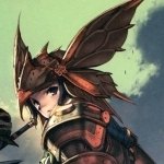 A character from the video game Monster Hunter, featuring a warrior in ornate armor and a distinctive helmet with wings, set against a dramatic sky.