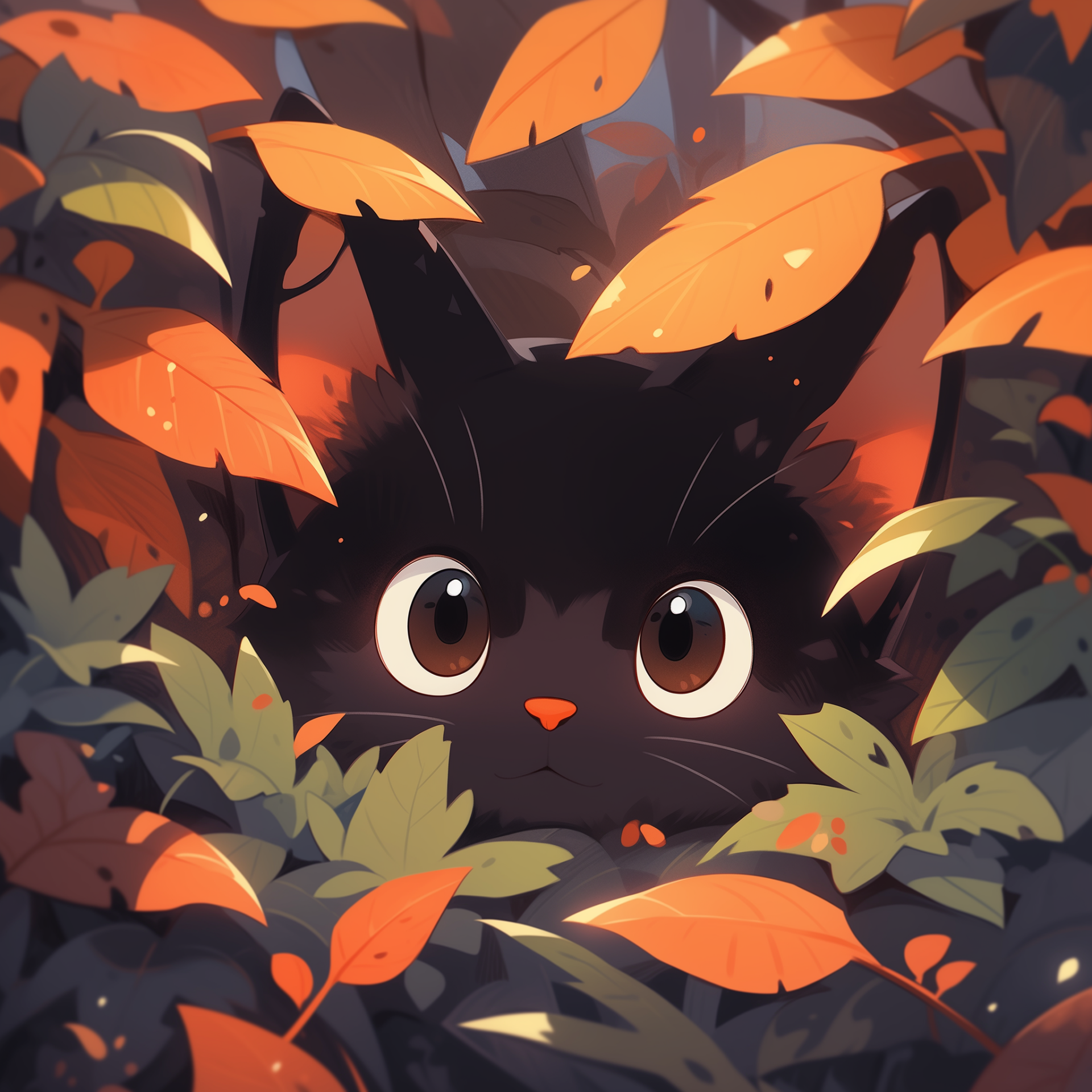 A whimsical black cat peeks through colorful autumn foliage, featuring large eyes and playful ears, making it a charming animal-themed profile photo.