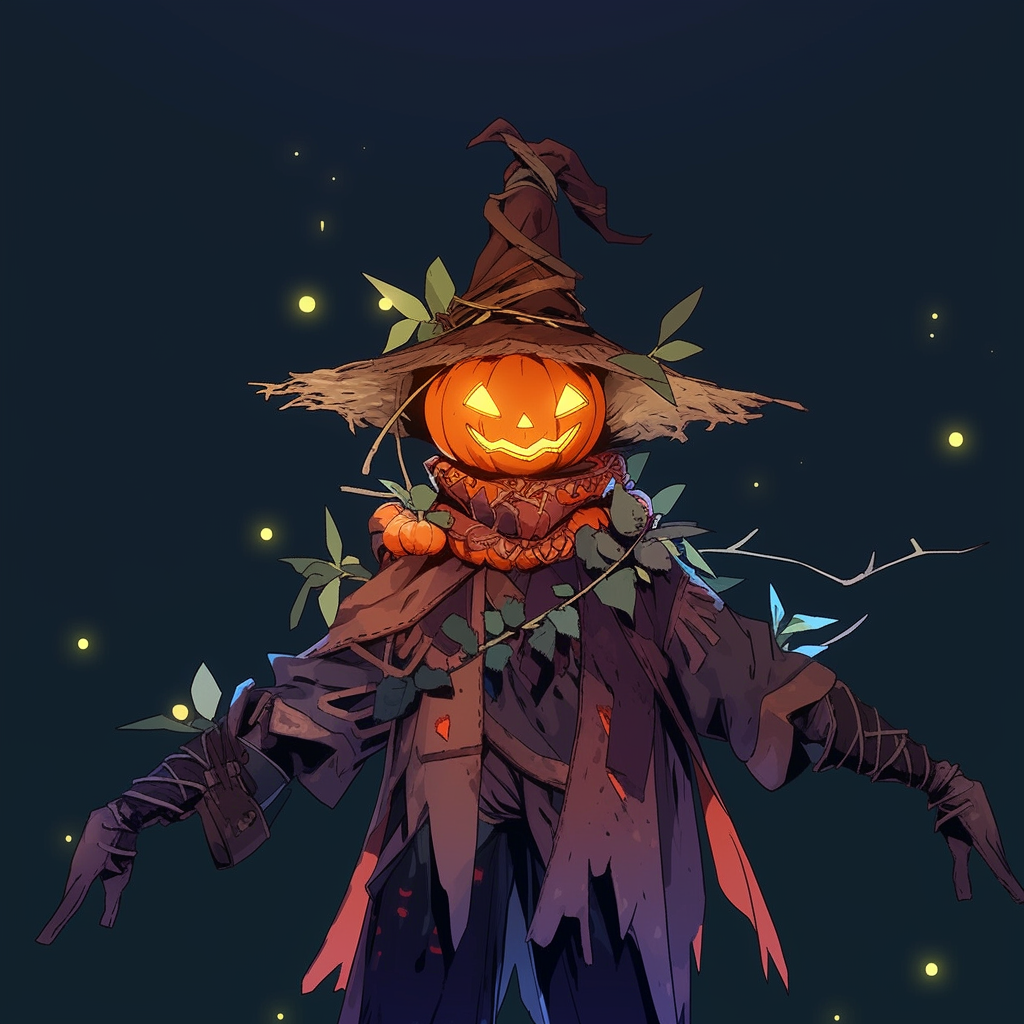 Avatar of a Halloween-themed scarecrow with a glowing jack-o'-lantern head and tattered clothing set against a night sky.