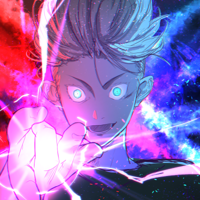 Avatar of Satoru Gojo from the anime Jujutsu Kaisen, depicted with glowing eyes and dynamic red and blue energy effects in a vibrant, intense style.