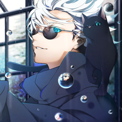 Anime-style forum avatar of Satoru Gojo from Jujutsu Kaisen, featuring his white hair, blindfolded eye, and a black cat perched on his shoulder with a calm expression.
