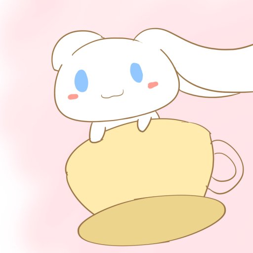 A cute Cinnamoroll character with long ears, sitting on a yellow teacup, set against a soft pink background. This anime style image serves as a charming profile photo.