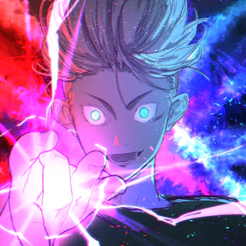 Avatar of Satoru Gojo from the anime Jujutsu Kaisen, depicted with glowing eyes and dynamic red and blue energy effects in a vibrant, intense style.