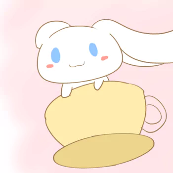 A cute Cinnamoroll character with long ears, sitting on a yellow teacup, set against a soft pink background. This anime style image serves as a charming profile photo.