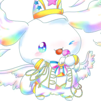 A colorful anime-inspired avatar featuring Cinnamoroll, a cute character with floppy ears and a crown, joyfully holding a microphone and surrounded by whimsical decorations.