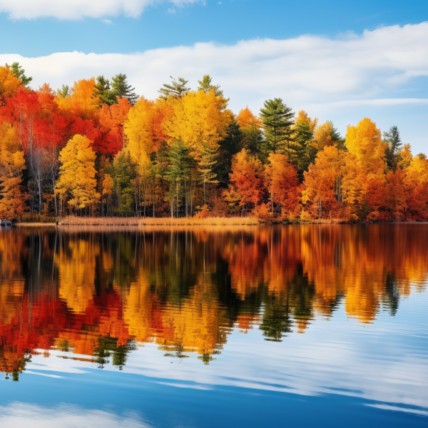 Colorful Fall Landscape Surrounded by Lake and Trees Wallpaper