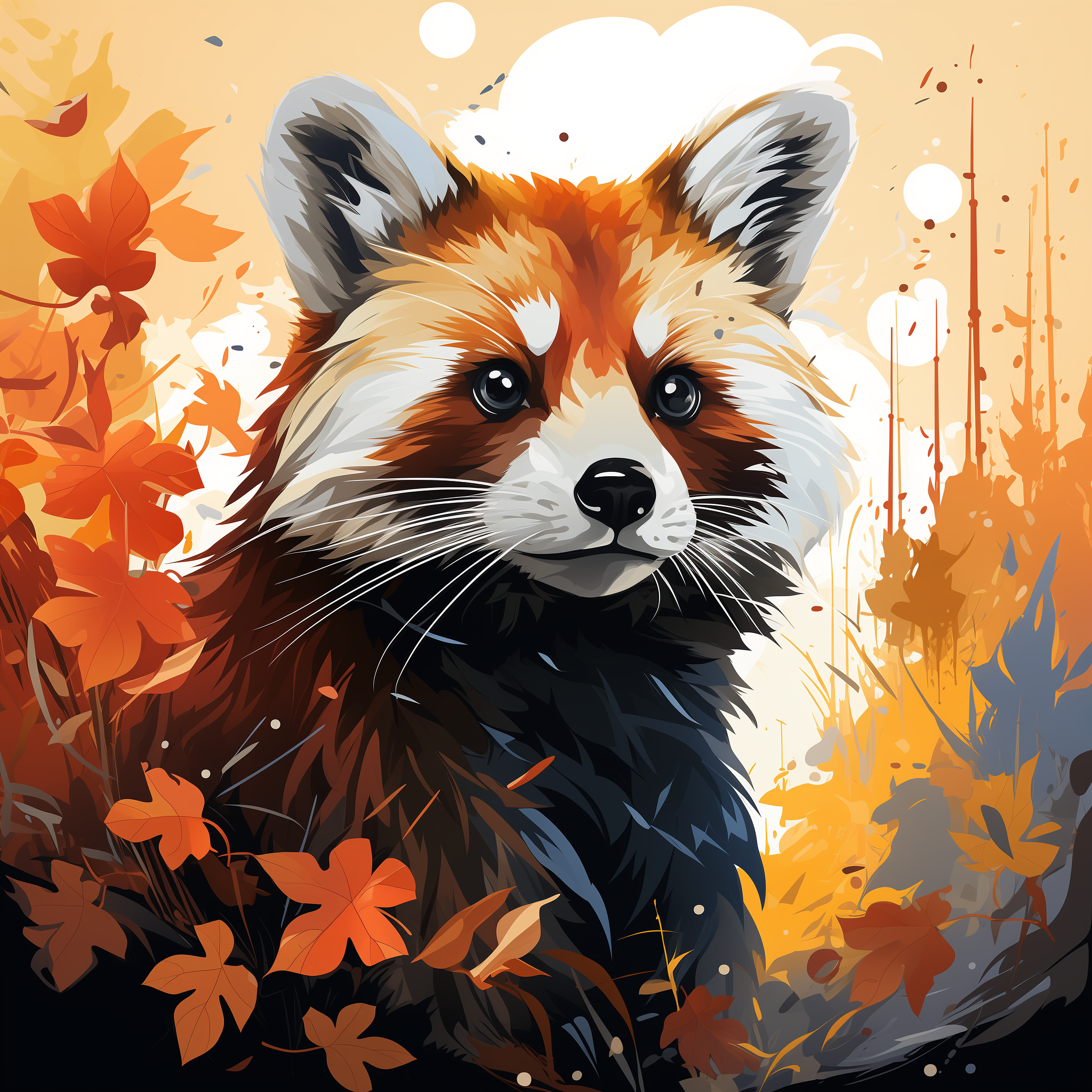 Illustration of a red panda avatar with vibrant autumn leaves in the background, perfect for use as a profile picture or pfp.
