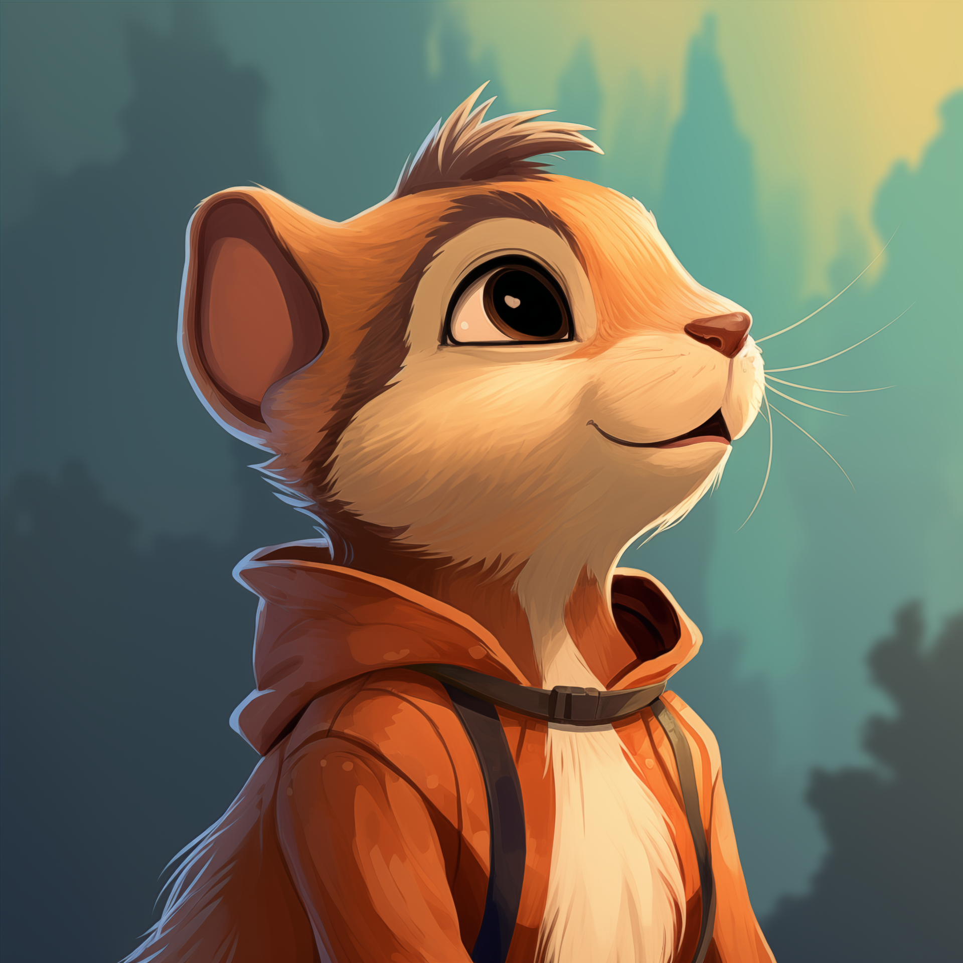 A charming cartoon chipmunk with expressive eyes, wearing an orange hoodie, gazes upwards against a serene forest background, serving as a delightful forum avatar.