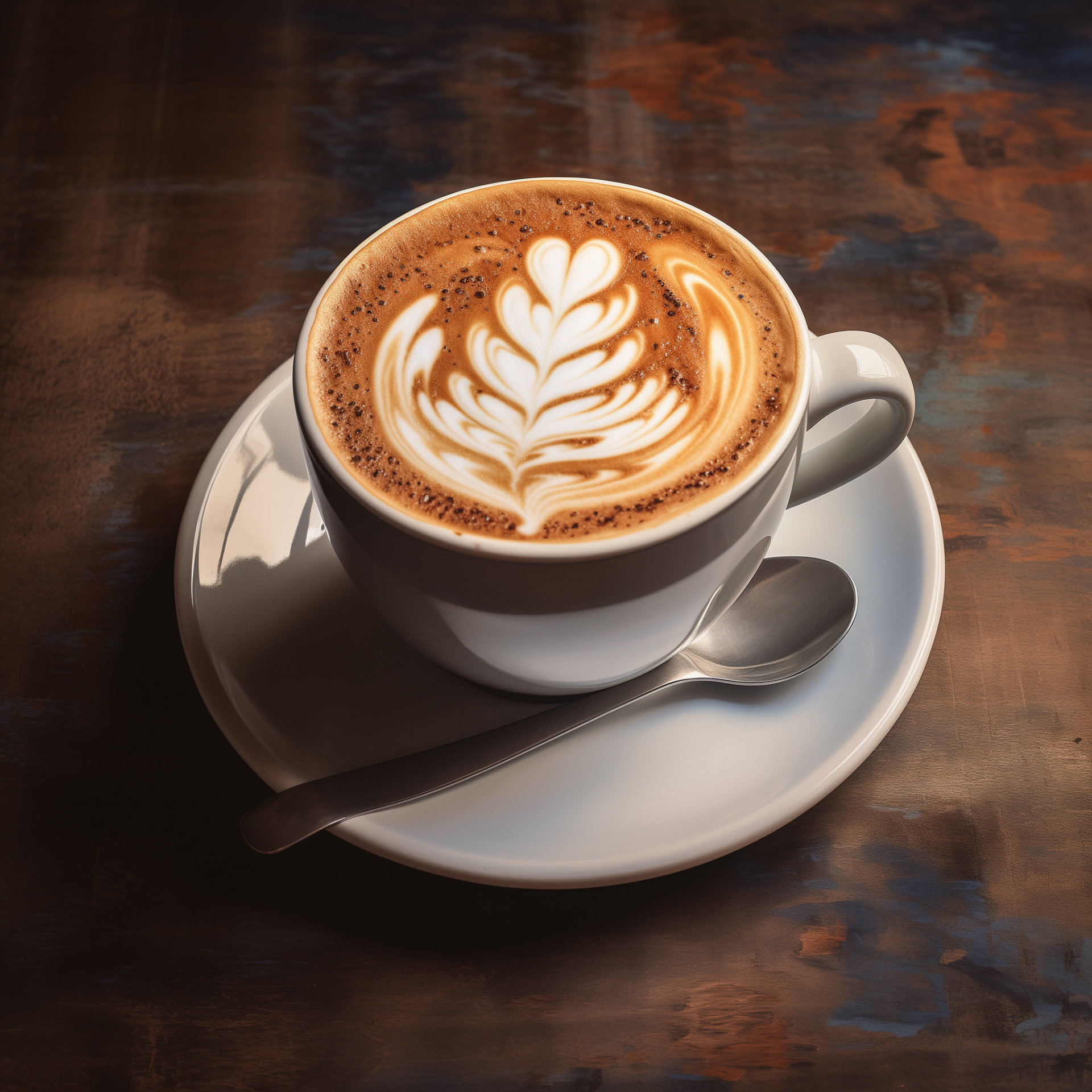 A beautifully crafted latte with intricate art on top, served in a white cup on a saucer, accompanied by a spoon, set against a rustic wooden background.