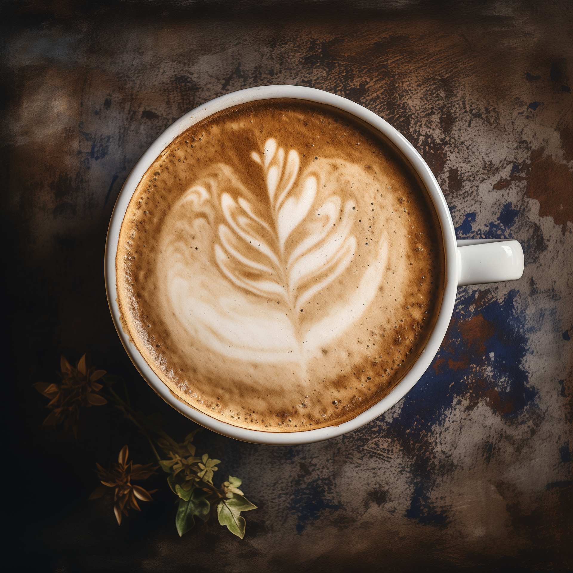 Top-down view of a latte with intricate leaf-shaped latte art in a white cup, serving as a cozy coffee-themed forum avatar.
