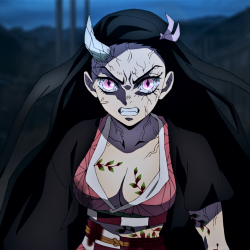 A fierce Nezuko Kamado from Demon Slayer: Kimetsu no Yaiba with intense pink eyes and cracked demon markings, depicted in a dynamic anime style as a forum avatar.