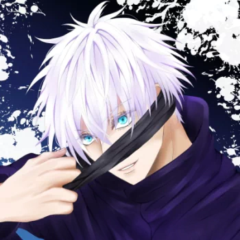 Anime-style forum avatar of Satoru Gojo from Jujutsu Kaisen, featuring his white hair, striking blue eyes, and iconic black blindfold being pulled down.