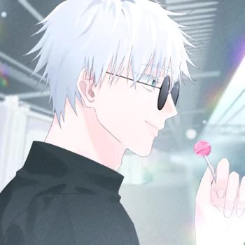 Anime-style forum avatar of Satoru Gojo from Jujutsu Kaisen, featuring his white hair, black sunglasses, and a lollipop against a softly lit background.