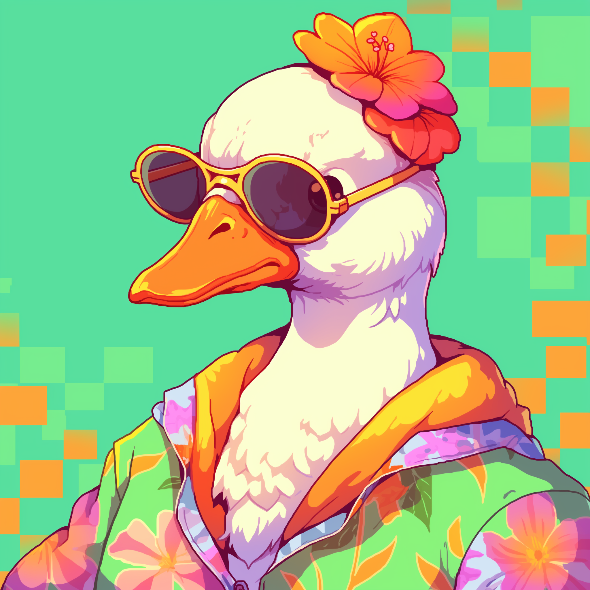 Cartoon goose with sunglasses and a floral shirt, suitable as a quirky avatar or profile picture, against a turquoise and orange pixelated background.