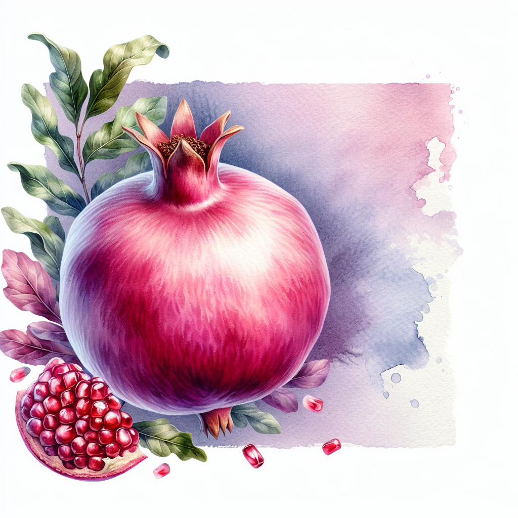 Illustration of a vibrant, whole pomegranate with a sectioned piece showing seeds, perfect for an avatar or profile picture.