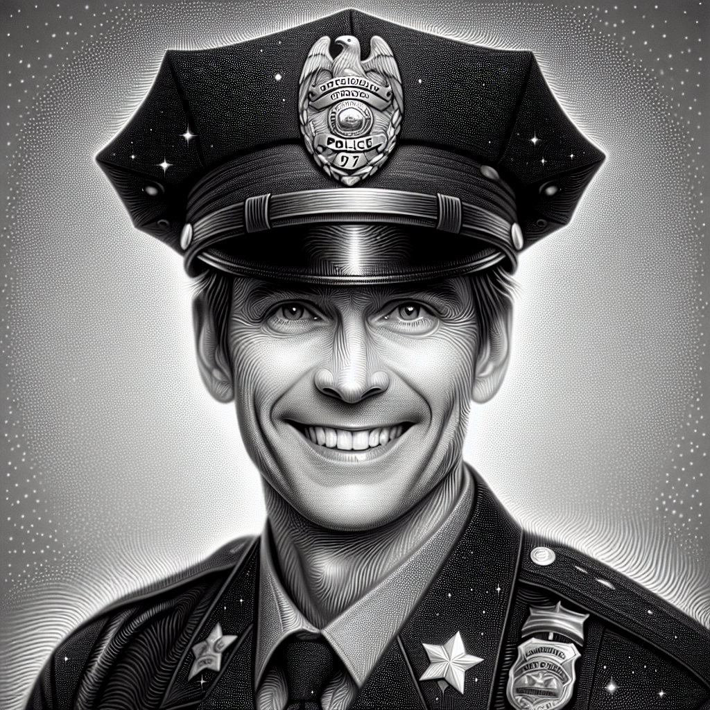Illustration of a smiling police officer avatar for profile picture use, featuring detailed police uniform and badge.