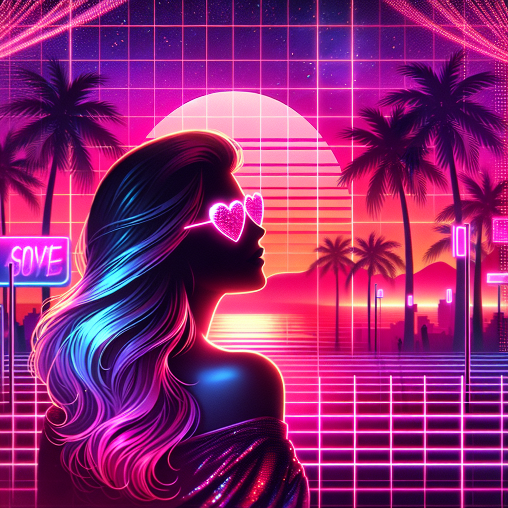 Valentine's Day themed avatar with a silhouette of a woman wearing heart-shaped sunglasses against a vibrant neon retro-wave background with palm trees.