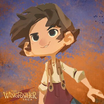 A playful character from the TV show The Wingfeather Saga, featuring a young boy with tousled hair and a cheerful expression, set against a colorful background.