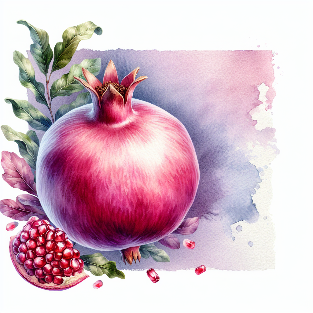 A vibrant pomegranate with lush green leaves and a splash of watercolor creates an eye-catching forum avatar or profile photo.