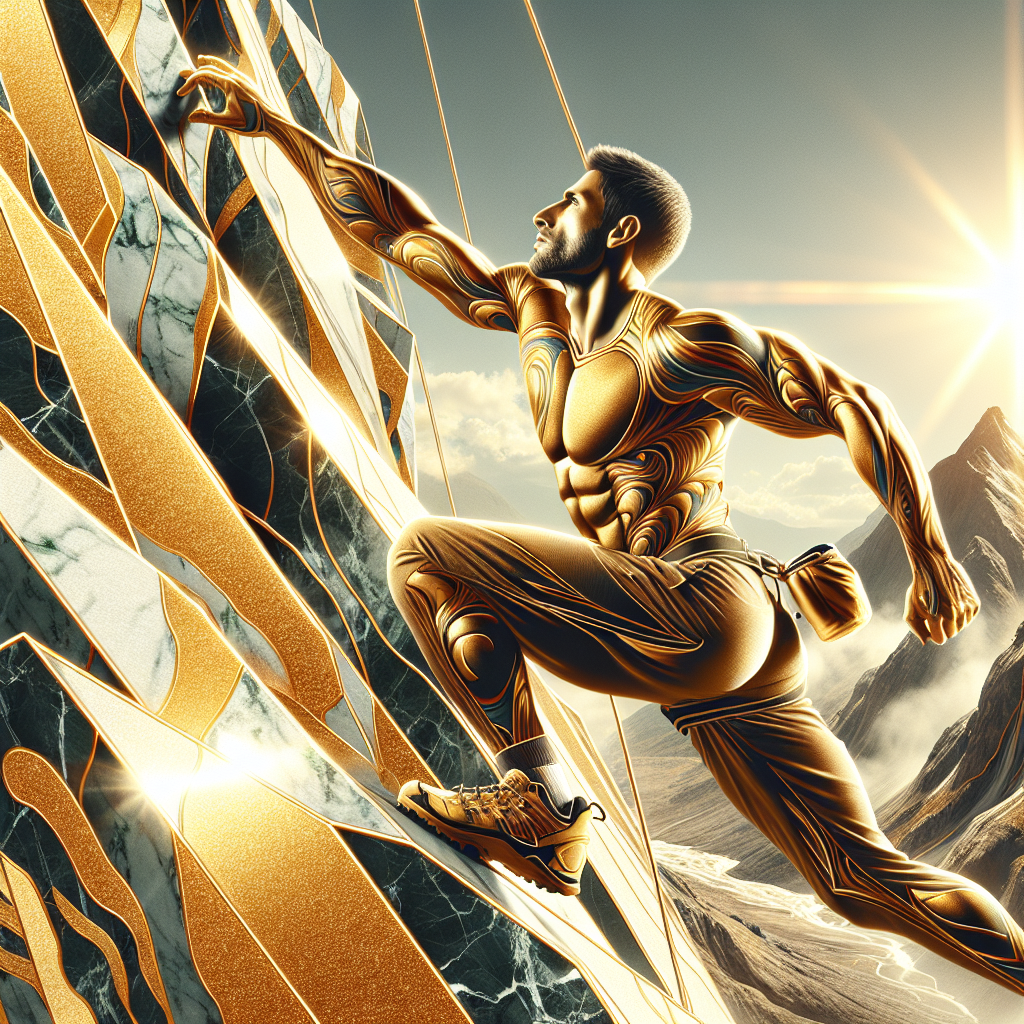 Illustrated avatar of a dynamic, golden figure rock climbing with determination against a rugged mountain backdrop.
