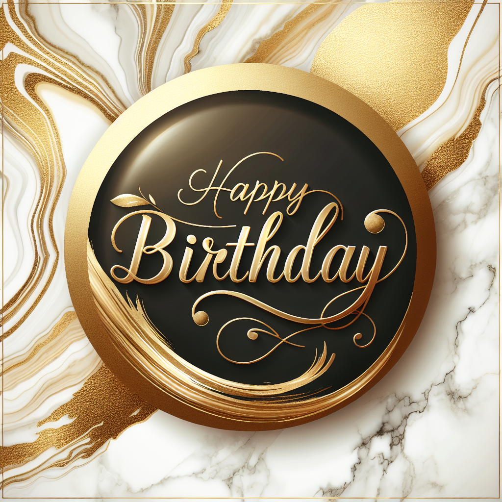 Elegant Happy Birthday avatar with golden swirls and marble background.