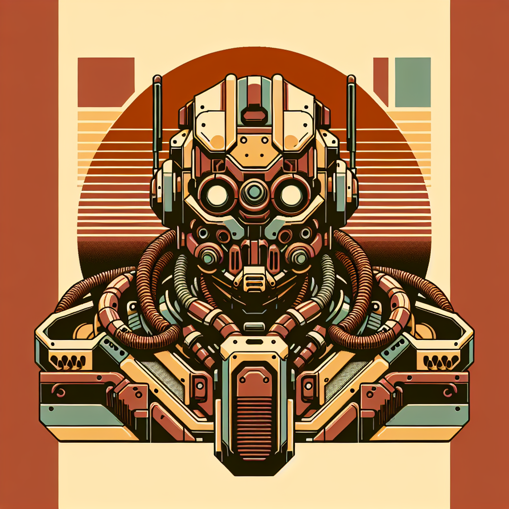 Detailed steampunk-inspired robot avatar with intricate gears and pipes design against a retro background.