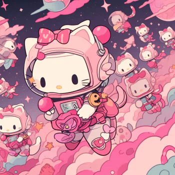 Forum avatar/profile photo of a white cartoon cat in a pink astronaut helmet, floating with many tiny matching cat-astronauts amid pastel clouds, stars and hearts.