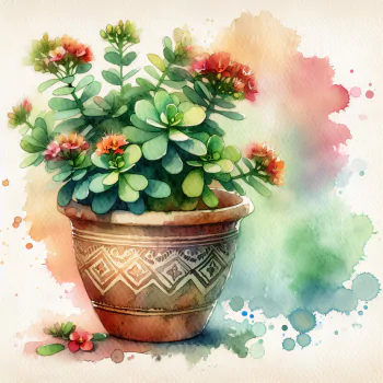 Watercolor illustration of a lush potted plant with blooming flowers, presented as an artistic avatar or profile picture against a vibrant, splashy background.