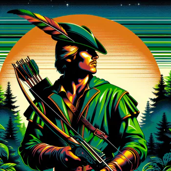 A stylized avatar of Robin Hood, featuring a heroic figure dressed in green with a quiver and bow, set against a vibrant sunset and forest backdrop.