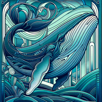 Stylized avatar of a blue whale with intricate art nouveau design elements.