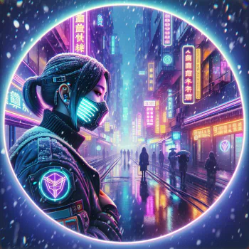 Digital avatar featuring a person in futuristic gear with a cyberpunk cityscape background, framed within a circular border suggesting snowfall.