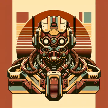 Detailed steampunk-inspired robot avatar with intricate gears and pipes design against a retro background.