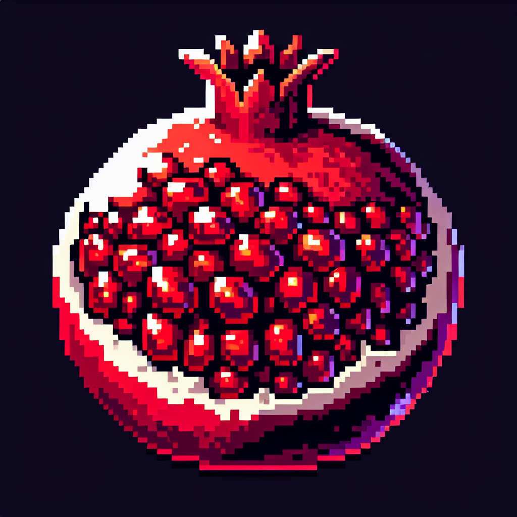 Pixel art avatar featuring a detailed pomegranate with vibrant red seeds, perfect for profile use.