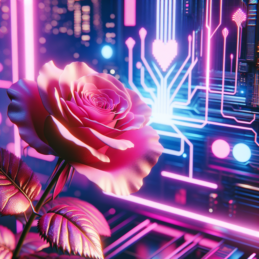 Digital avatar of a vibrant pink rose with neon cyberpunk background for profile picture.