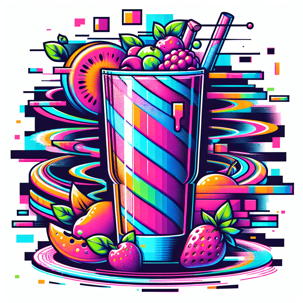 Colorful digital artwork of a vibrant smoothie glass surrounded by fruit, perfect for a profile picture or avatar, tagged with smoothie.