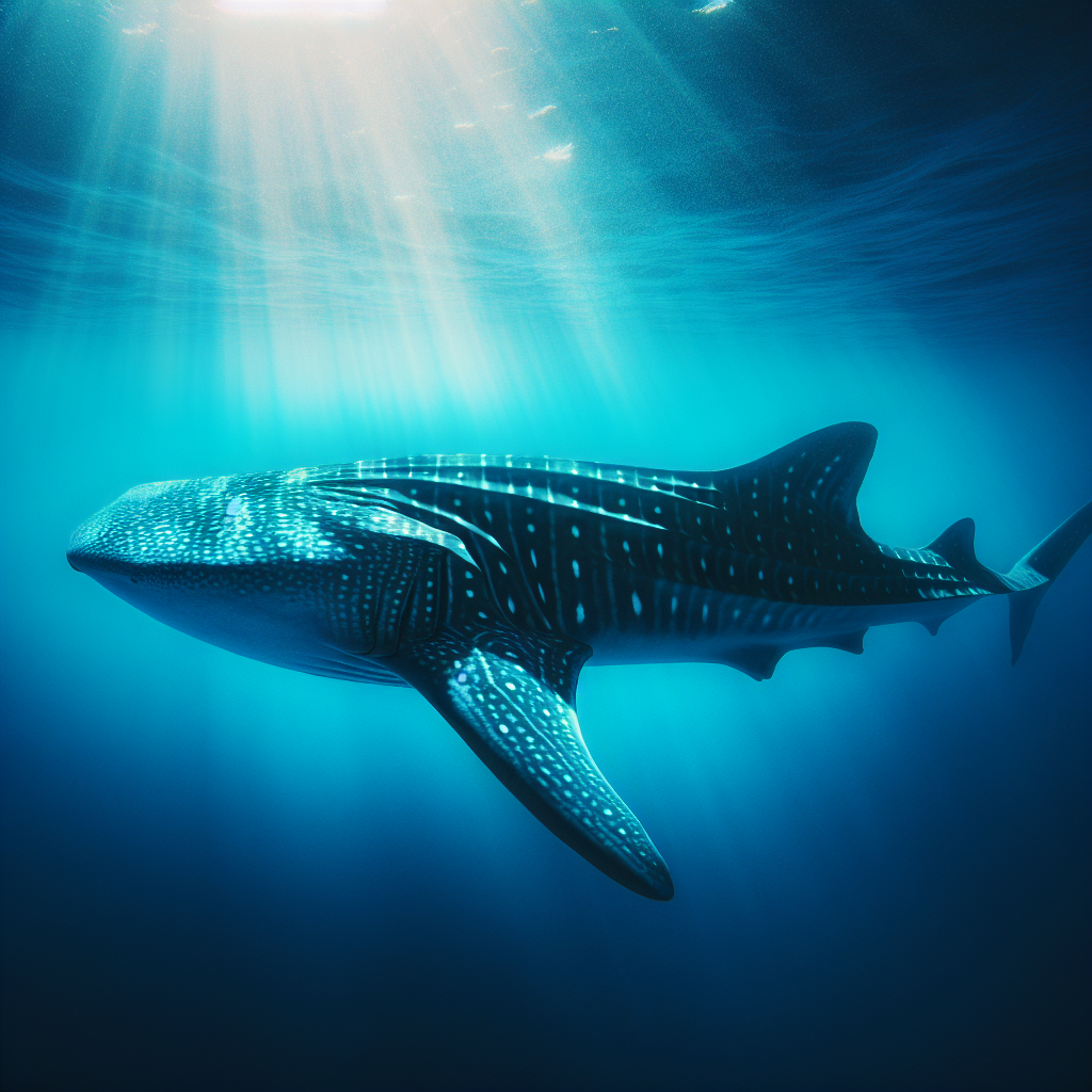 Majestic whale shark swimming in the deep ocean with sunlight filtering through the water, perfect for a marine-themed avatar or profile picture.