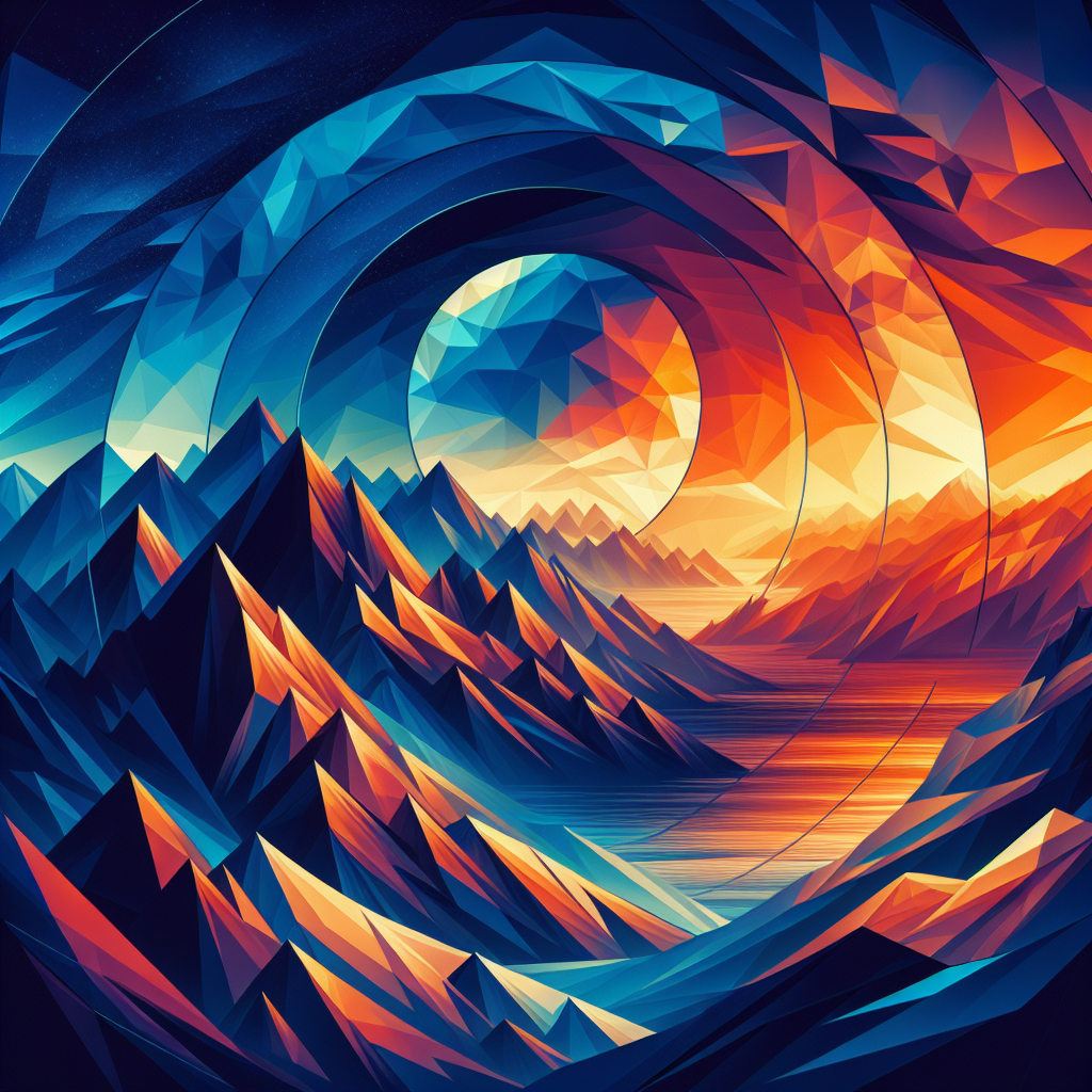 Abstract colorful polyscape art with geometric mountains and swirling sky for avatar use.