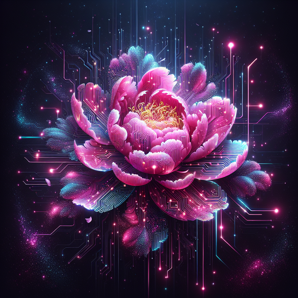 Digital avatar featuring a vibrant peony flower with neon circuitry background, ideal for profile picture use.