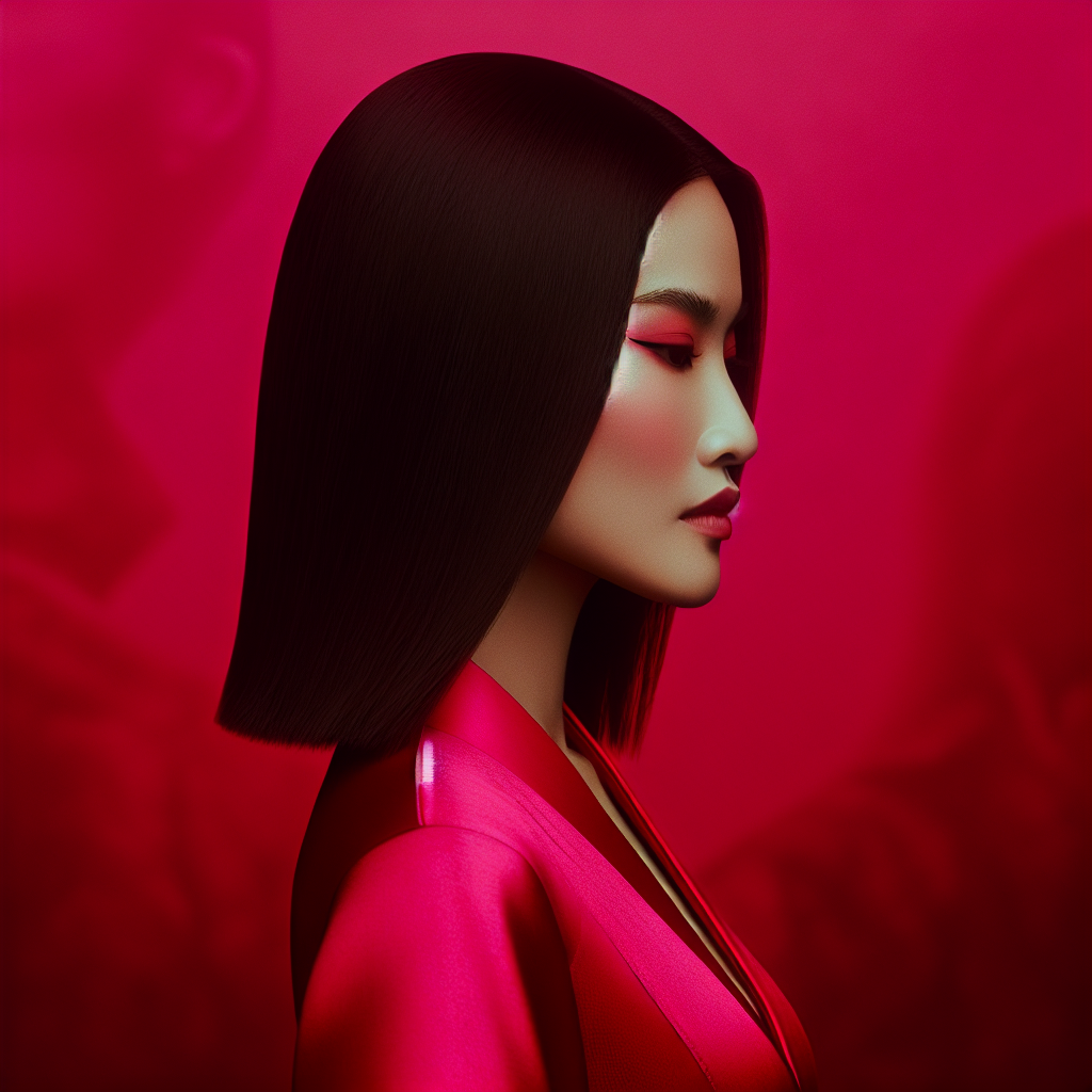 Stylish avatar of a person with a sleek hairstyle wearing a pink dress against a red background, perfect for a profile picture.