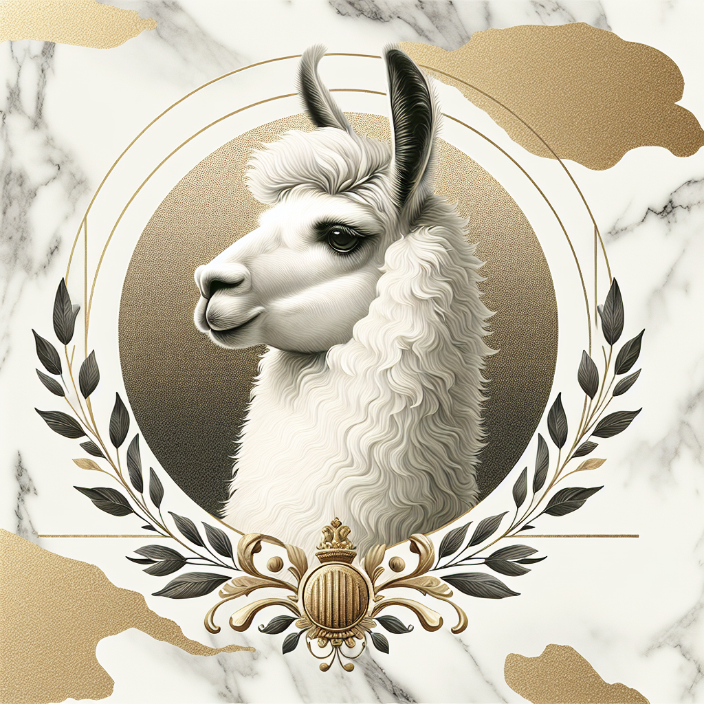 Elegant llama avatar with a decorative frame on a marble background.