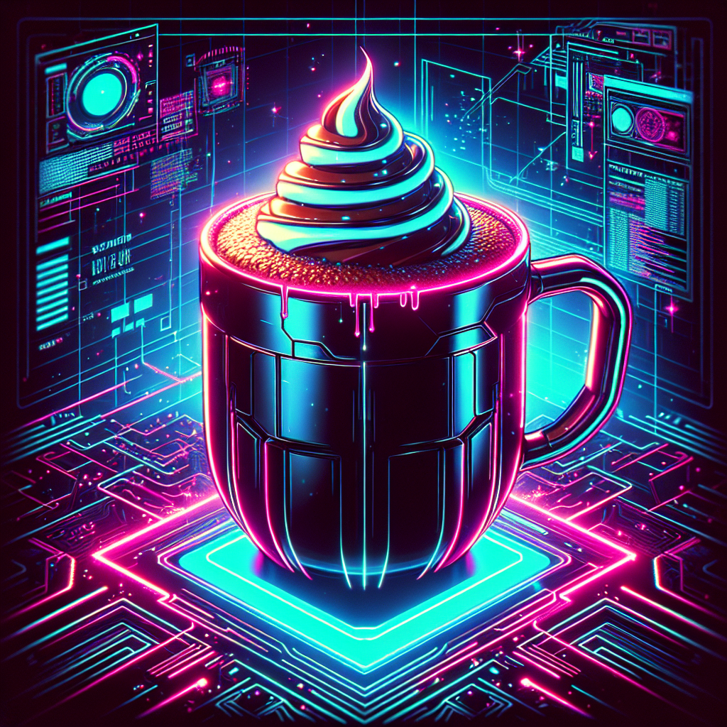 Neon cyberpunk-style avatar featuring a stylized cup of hot chocolate with a whipped cream swirl, set against a futuristic circuit board backdrop.