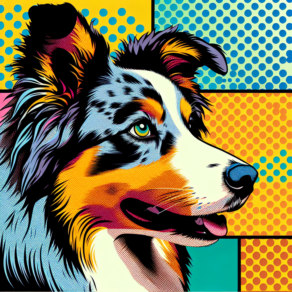 Colorful pop art style avatar of an Australian Shepherd dog.