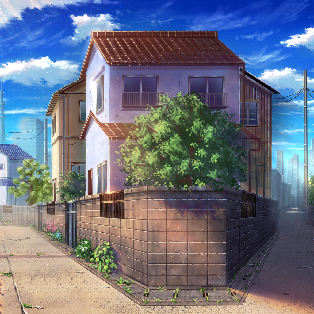 Facade of house in Japan near blooming rosewood. Anime. Spring or Summer.  Stock Illustration | Adobe Stock
