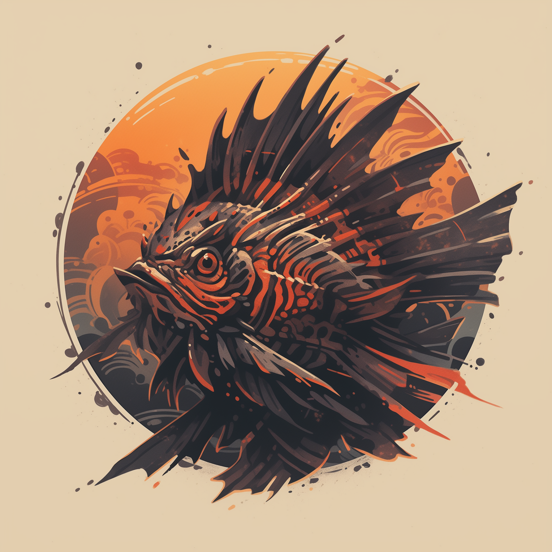 An artistic depiction of a lionfish, showcasing its striking features and dramatic fins, set against a warm, circular background. This image serves as a vibrant forum avatar.