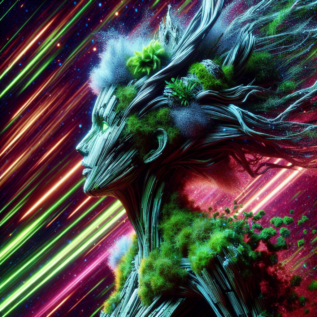 Vibrant digital artwork of a nature-inspired avatar with a cosmic background for a profile picture.