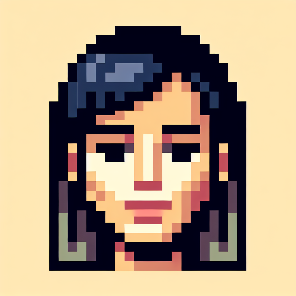 A pixel art avatar featuring a character with dark hair and earrings, set against a light background, designed for use as a forum profile picture.