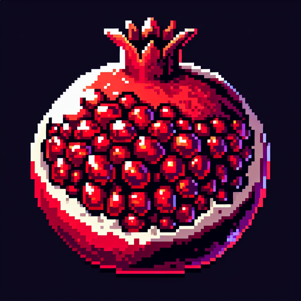 A vibrant pixel art depiction of a pomegranate, showcasing its rich red seeds and detailed surface, designed as a forum avatar.
